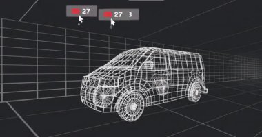 İmleç 3D minibüs seçiyor, sosyal simgelerin açılıp kapanan renklendirme istatistiklerini güncellemesine neden oluyor. Dijital, etkileşimli, geleceksel, teknoloji, analitik, görselleştirme, sanal