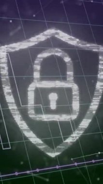 Animasyon tarzında veri şebekesini kaplayan parmak izleri olan dijital güvenlik kalkanı. Siber güvenlik, şifreleme, biyometrik, gizlilik, koruma, teknoloji