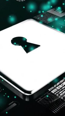 Dijital veri, kilit ve anahtar deliği animasyonu işleniyor. Teknoloji, siber güvenlik, veri koruması, dijital şifreleme, bilgi güvenliği, güvenli erişim