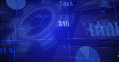 Sanal konsolda turta grafiği ve çubuk grafik panelleri ile çalışan veri arayüzü gösteriliyor. Teknoloji, analitik, fütürizm, veri, görselleştirme, holografik, içgörü