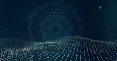 Dairesel HUD ve ışık parçacıkları ile dijital ortamda parlayan veri noktası dalgaları oluşturuyorlar. Fütürist, dijital, soyut, teknoloji, veri, görselleştirme, arayüz