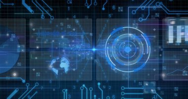 Radar benzeri grafikler siber uzay ızgarasında dönüyor, devre izleriyle, sayısal verilerle. Gelecek, teknoloji, arayüz, görselleştirme, veri, dijital, sanal