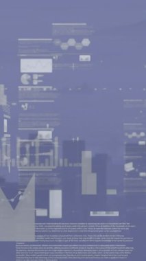 Animation of screens with statistical data processing against aerial view of cityscape. Computer interface and business technology concept