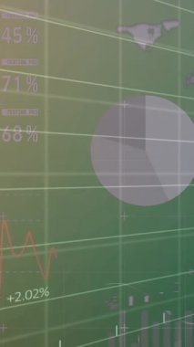 Animation of statistical data processing over grid network against green gradient background. Business data technology concept