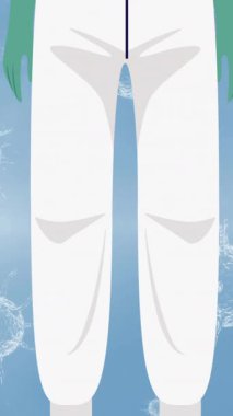 Mavi arka planda, kovid 19 virüs hücresinin üzerine yüz maskesi ikonu takan doktor animasyonu. küresel covid 19 salgın konsepti dijital olarak oluşturulmuş video.