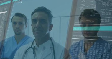 Hasta verilerini koruyan şifreleme üreten üç tıbbi personel hata hatlarını izliyor. Tıbbi, siber güvenlik, veri koruması, hastane, profesyonel, dijital, teknoloji