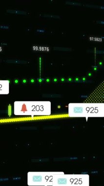 Siyahlara karşı finansal veri işleme üzerinde yüzen sosyal medya simgelerinin animasyonu. Küresel finans ve sosyal medya ağ teknolojisi kavramı