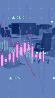 Boş ofise karşı şebeke üzerinden veri işleme animasyonu. Bilgisayar arayüzü ve iş veri teknolojisi kavramı