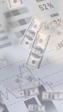 Arkaplanda grafikler ve istatistikler olan dolar banknotları düşüyor. Küresel iş dijital arayüzü teknolojisi ve dijital olarak oluşturulan ağ konsepti.