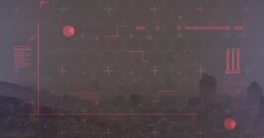 Bulanık ufuk çizgisi açılıyor, kırmızı büyü şebekesi üst üste bindiriliyor, duman izleme için kırmızı düğümler ve çubuklar yerleştiriliyor. Fütüristik, teknolojik, veri görselleştirme, kentsel, karamsar, dijital arayüz, soyut