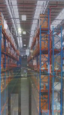 Animation of financial data processing over warehouse. global shipping, delivery, business, data processing and technology concept digitally generated video.