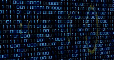 Karanlık arayüz üzerinde Ethereum logoları ile yüzen parlak mavi ikili haneli satırları gösterir. Siber güvenlik, engelleme zinciri, kriptografi, dijital ethereum, teknoloji, yenilik, veri görselleştirme