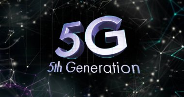 5. Nesil altyazı ile 3D 5G gösterimi dijital ağın üzerinde, düğümler ve çizgiler ile parlıyor. Teknoloji, yenilik, bağlantı, dijital, fütüristik, ağ, siber uzay