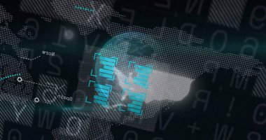 Noktalı dünya haritası turkuaz tarama çerçeveleri altında kod dizgileriyle sanal arayüzde gösteriliyor. Fütürist, dijital, teknoloji, arayüz, veri, siber güvenlik, yenilik