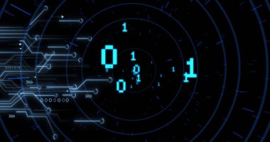 Veri merkezindeki eş merkezli ızgaralarda düğümler ve oklarla akan mavi ikili haneli rakamları gösteriyor. Teknoloji, siber güvenlik, dijital, yenilik, bağlantı, ağ, fütüristik