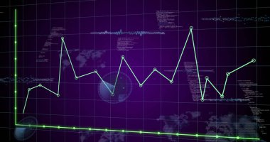 Mor şebeke, dünya haritası siluetleri ve radar grafikleri üzerinde veri düğümleri olan yeşil çizgi grafiği gösteriliyor. Veri, görselleştirme, teknoloji, analitik, fütürist, dijital, arayüz