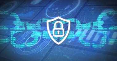 Kalkan, asma kilit simgesi, yüzen kod ve veri halkaları ile sanal ağı güvence altına alıyor. Siber güvenlik, dijital, teknoloji, fütürizm, koruma, ağ, arayüz