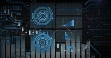 Ana gösterge paneli, kontrol arayüzü içinde HUD göstergeleri ve pembe çizgi grafiği ile grafikleri gösteriyor. Teknoloji, arayüz, analiz, görselleştirme, siber, dijital, fütüristik