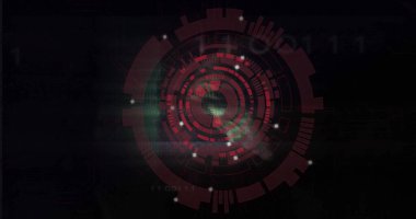 Halkalar parlayan düğümler ve ikili kod ile HUD 'de dönen dairesel dijital arayüz gösteriliyor. Gelecek, teknoloji, arayüz, veri, görselleştirme, siber, dijital