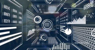 Yüzen veri panelleri ızgara uzayında merkeze doğru sayısal okumalarla gösteriliyor. Teknoloji, veri görselleştirme, fütüristik, soyut, analitik, dijital, yenilik