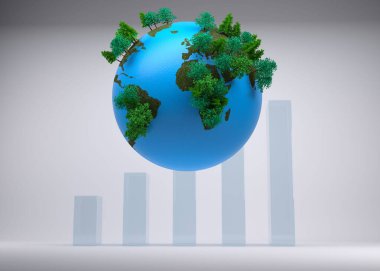 Yeşil ağaç kümeleri olan 3 boyutlu mavi Dünya küresi saydam yükselen çubukların üzerinde yüzüyor. Küresel, sürdürülebilirlik, büyüme, çevre, yenilik, modernite, ekoloji