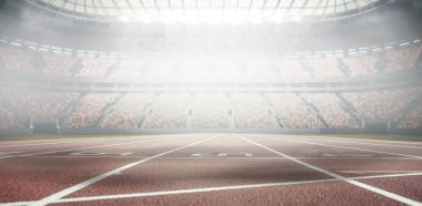 Düz dizayn, boş kırmızı pist şeritleri stadyumun içinde yarı saydam çatısı olan katlar boyunca uzanıyor. Spor tesisi, atletik arena, rekabet, eğitim, modern, canlı, seyirci