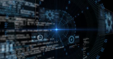 Sanal alanda parlayan merkezi UI odak noktası, paneller ve kaydırma kodları ile titreşiyor. Gelecek, teknoloji, arayüz, veri, siber, yenilik, dijital