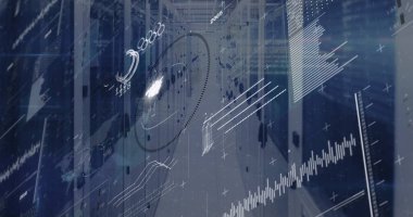 Ofis koridorunda dairesel grafik ve çizelgelerle dijital analiz gösteriliyor. Fütürist, yüksek teknoloji, veri görselleştirme, gösterişli, kurumsal, yenilikçi, yansıtıcı