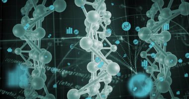 Sanal veri ızgarasında dönen yüzen moleküler sarmallar, Cyan finansal ve güvenlik simgeleriyle. Teknoloji, veri, yenilik, siber güvenlik, analitik, dijital, biyoteknoloji
