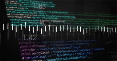 Koyu ekranda dijital saat ile kod arayüzünü kaplayan ses dalgası çubukları gösteriliyor. Teknoloji, dijital, görselleştirme, siber güvenlik, programlama, yenilik, arayüz