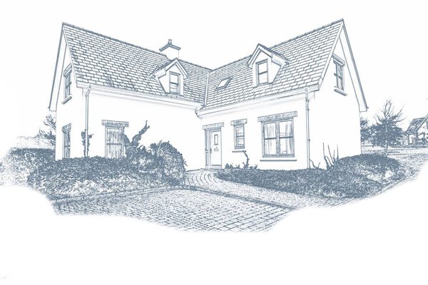 Showing 2-story house in line sketch with pitched roof, dormers, chimney, brick walkway, driveway. Architectural, residential, design, modern, suburban, elegance, minimalism