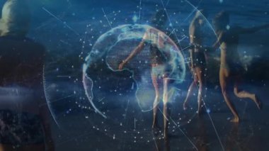 Kadınlar veri bağlantısını resmetmek için sörf yaparak holografik küreye tepki veriyorlar. Teknoloji, bağlantı, takım çalışması, eğlence, yenilik, açık hava, dijital