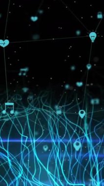 Alev desenlerinin canlandırılması ve siyah arkaplan üzerinde birden fazla simge. Dijital olarak üretilmiş, hologram, illüstrasyon, aydınlatılmış, fikirler, koruma, güvenlik, yön ve teknoloji kavramı.