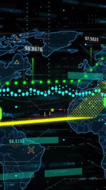 Karanlık zemin üzerinde dijital veri işleme animasyonu. Dijital olarak oluşturulmuş küresel bağlantılar, hesaplama ve veri işleme kavramı.