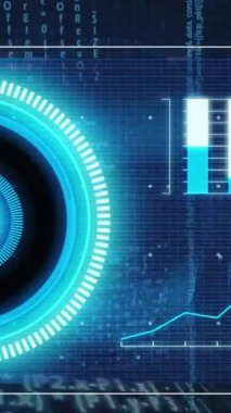 Aydınlatılmış daire ve programlama dilinin üzerindeki grafiklerle ekranın animasyonu. Dijital olarak üretilmiş, çoklu pozlama, veritabanı, kodlama, bilgisayar, gelecek ve teknoloji kavramı.