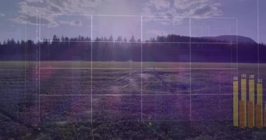 Parlak ekin alanı boyunca hareket eden püskürtme ızgara örtüsünü tetikler ve yükselen 3D çubuklar veriyi görselleştirir. Tarım, veri görselleştirme, teknoloji, analitik, manzara, yenilik, verimlilik