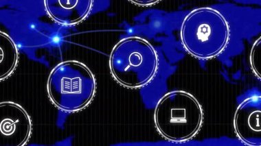 Simgeler kaybolduktan sonra, kıtalar arası düğümleri birleştiren ve bilgi akışını hızlandıran küresel ağ. Veri görselleştirme, teknoloji, bağlantı, yenilik, dijital arayüz, analitik, eğitim