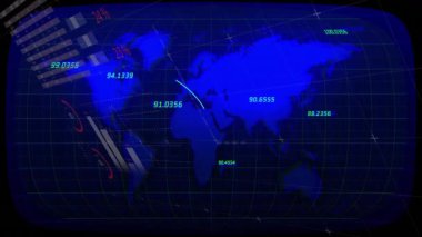 Harita sayısal etiketlerle açılıyor, kavisleri süpürüyor, tabloları istifliyor, veri akışını görselleştiriyor. Coğrafya, analitik, teknoloji, gelecek, yenilik, dijital, gösterge paneli