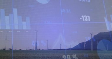 Üst üste binen değer güncellemesi ve enerji değişimlerini gösteren rüzgâr tarlasında ayarlanan çubuklar üzerine. Yenilenebilir, sürdürülebilirlik, veri görselleştirme, teknoloji, çevre, görselleştirme, verimlilik