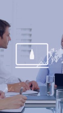 Animation of financial data processing over diverse business people in office. Global business, finances, computing and data processing concept digitally generated video.