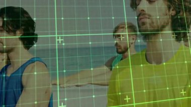 Şebeke tarama kılavuz fitness yogaları kollarını indiriyor plaj izleme duruşu üzerinde çaprazlama oturuyorlar. Sağlık, farkındalık, dinginlik, doğa, açık hava, uyum, rahatlama.