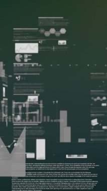 Gri gradyan arkaplana karşı istatistiksel veri işleme animasyonu. Bilgisayar arayüzü ve iş teknolojisi kavramı