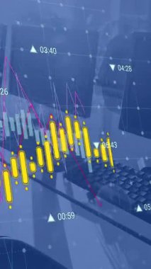 Ofisteki masaların kapatılmasına karşı finansal veri işleme animasyonu. Küresel finans ve iş teknolojisi kavramı