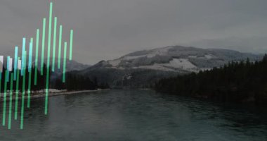 Başlangıçta, karlı tepelerin altından akan nehir, ses çubukları renk değiştiren görselleştiren ses. Doğa, sükunet, soyut, dijital sanat, manzara, ses görselleştirme, çevre dostu