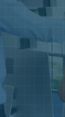 Animation of financial data processing over angry male boss shouting to an female employee. Global finance and business technology concept