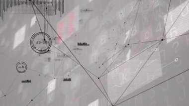 UI işaretleyicisi göründüğünde, ağ düğümleri bağlanıyor, çizgili paneller kayıyor, histogram güncelleme verileri. Teknoloji, veri, analitik, dijital, arayüz, görselleştirme, bağlantı