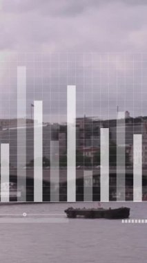 Şehir manzarasının havadan görüntüsüne karşı istatistiksel veri işleme animasyonu. Bilgisayar arayüzü ve iş veri teknolojisi kavramı