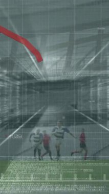 Spor stadyumundaki ragbi maçında kırmızı çizgi ve ragbi oyuncuları üzerinde veri işleme animasyonu. küresel spor, rekabet ve veri işleme kavramı dijital olarak oluşturulmuş video.