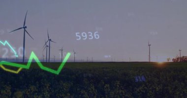 Ara verdikten sonra, hava kararınca rüzgar türbinlerinin üzerinde yükselen ve düşen yeşil çizgi grafikleri enerji çıkışını gösteriyor. Yenilenebilir, sürdürülebilirlik, dalgalanma, dijital, veri, görselleştirme, çevre