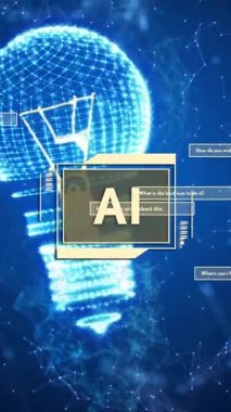 Diyalog kutularıyla ai arayüzünün ve ağların üzerindeki ampulün karanlık arkaplandaki animasyonu. Ağ, enerji, dijital arayüz, ai, araştırma ve iletişim, dijital olarak oluşturulmuş video.